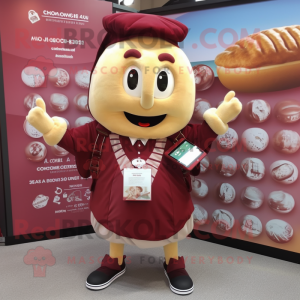 Maroon Croissant mascot costume character dressed with a Blouse and Smartwatches