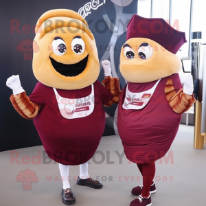 Maroon Croissant mascot costume character dressed with a Blouse and Smartwatches