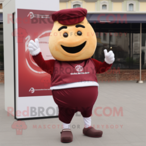 Maroon Croissant mascot costume character dressed with a Blouse and Smartwatches