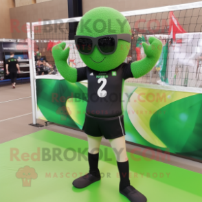 Green Volleyball Net mascot costume character dressed with a Leggings and Sunglasses