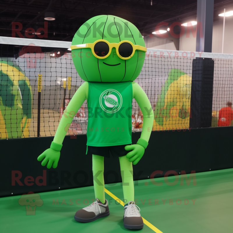 Green Volleyball Net mascot costume character dressed with a Leggings and Sunglasses Green Volleyball Net mascot costume character dressed with a Leggings and Sunglasses