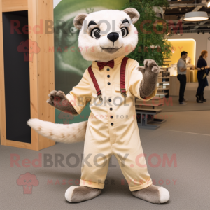 Cream Marten mascot costume character dressed with a Jumpsuit and Bow ties