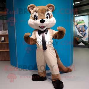 Cream Marten mascot costume character dressed with a Jumpsuit and Bow ties