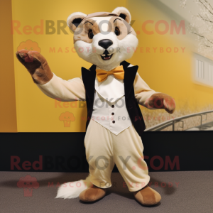 Cream Marten mascot costume character dressed with a Jumpsuit and Bow ties