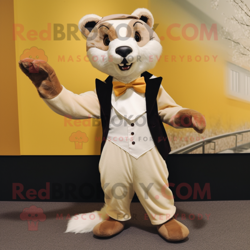 Cream Marten mascot costume character dressed with a Jumpsuit and Bow ties Cream Marten mascot costume character dressed with a Jumpsuit and Bow ties