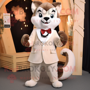 Cream Marten mascot costume character dressed with a Jumpsuit and Bow ties