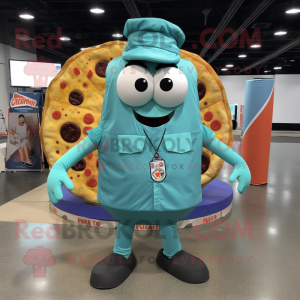 Cyan Pizza mascot costume character dressed with a Cargo Shorts and Ties