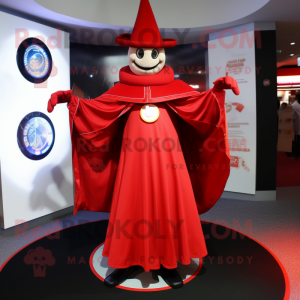 Red Magician mascot costume character dressed with a Empire Waist Dress and Rings