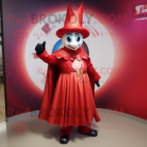 Red Magician mascot costume character dressed with a Empire Waist Dress and Rings