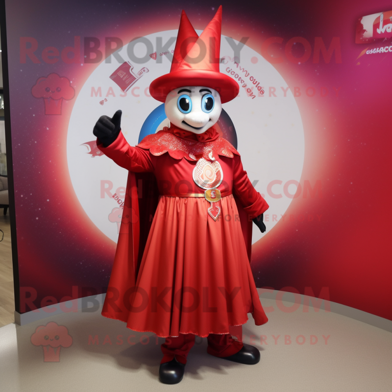 Red Magician mascot costume character dressed with a Empire Waist Dress and Rings Red Magician mascot costume character dressed with a Empire Waist Dress and Rings