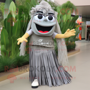 Gray Pad Thai mascot costume character dressed with a Pleated Skirt and Shoe clips