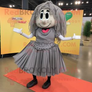 Gray Pad Thai mascot costume character dressed with a Pleated Skirt and Shoe clips