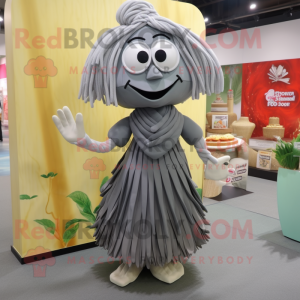 Gray Pad Thai mascot costume character dressed with a Pleated Skirt and Shoe clips