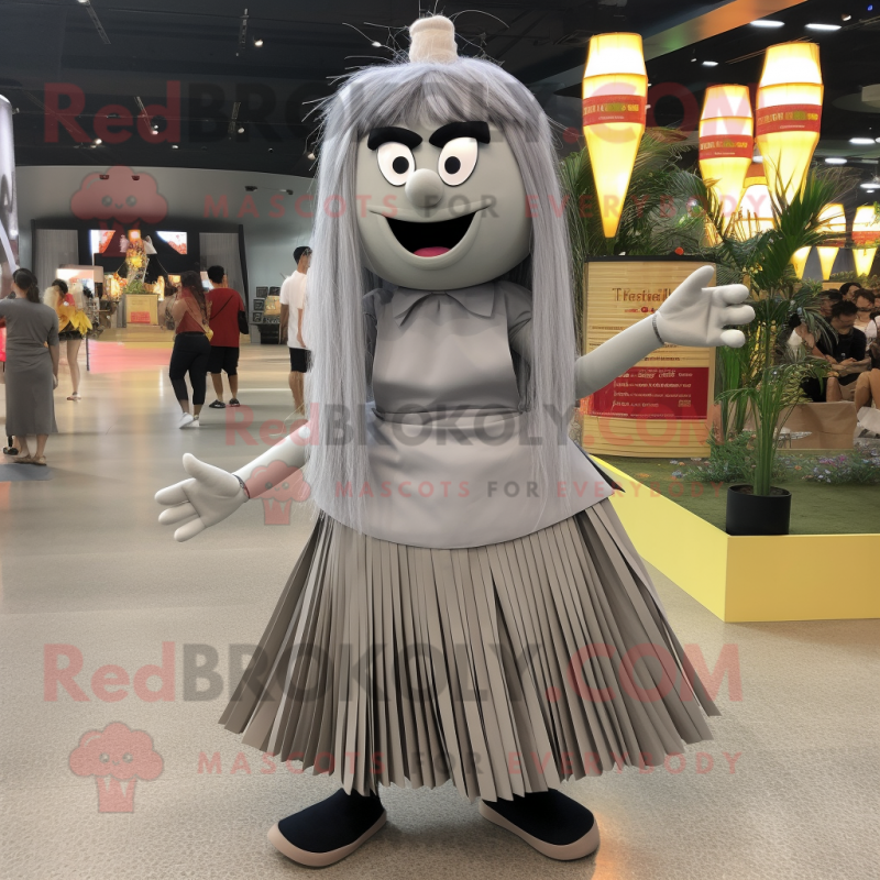 Gray Pad Thai mascot costume character dressed with a Pleated Skirt and Shoe clips Gray Pad Thai mascot costume character dressed with a Pleated Skirt and Shoe clips