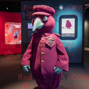 Maskotfigur af en magenta...