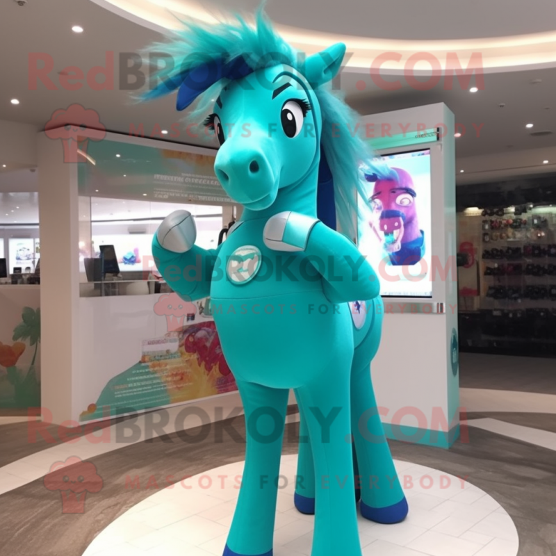 Turquoise Horse mascot costume character dressed with a Bikini and Rings