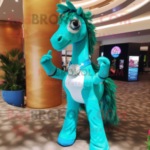 Turquoise Horse mascot costume character dressed with a Bikini and Rings