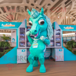 Turquoise Horse mascot costume character dressed with a Bikini and Rings
