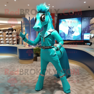 Turquoise Horse mascot costume character dressed with a Bikini and Rings