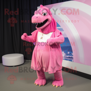 Pink Tyrannosaurus mascot costume character dressed with a Maxi Skirt and Beanies