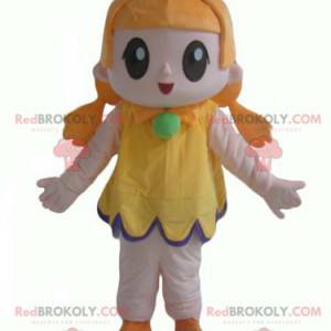 Red-haired girl mascot with a very smiling yellow dress -