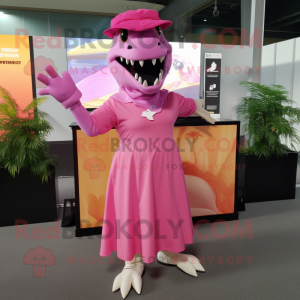 Pink Tyrannosaurus mascot costume character dressed with a Maxi Skirt and Beanies