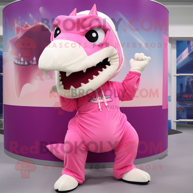 Pink Tyrannosaurus mascot costume character dressed with a Maxi Skirt and Beanies Pink Tyrannosaurus mascot costume character dressed with a Maxi Skirt and Beanies