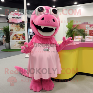 Pink Tyrannosaurus mascot costume character dressed with a Maxi Skirt and Beanies