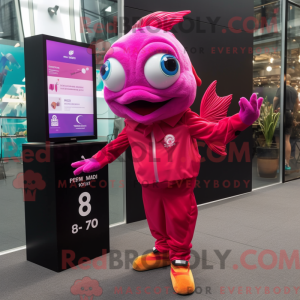 Maskotfigur af en magenta...