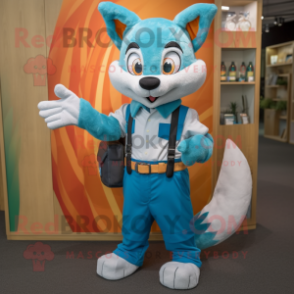 Cyan Fox mascot costume character dressed with a Dungarees and Wallets