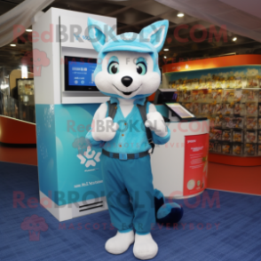 Cyan Fox mascot costume character dressed with a Dungarees and Wallets