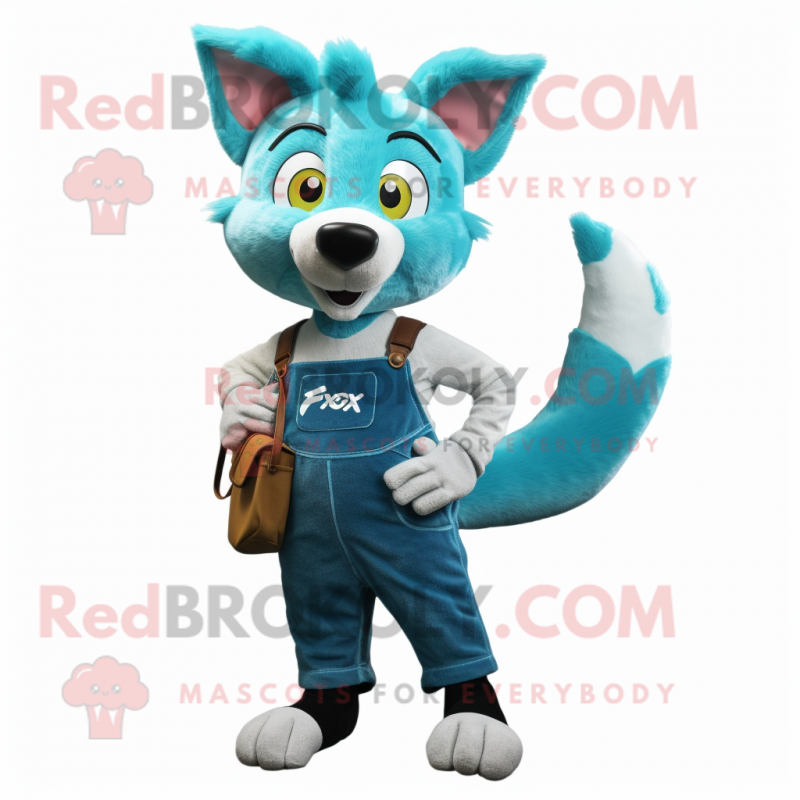 Cyan Fox mascot costume character dressed with a Dungarees and Wallets