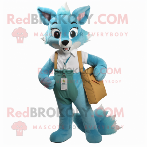 Cyan Fox mascot costume character dressed with a Dungarees and Wallets