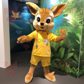 Gold Roe Deer mascot costume character dressed with a Bermuda Shorts and Wraps