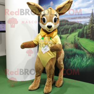 Gold Roe Deer mascot costume character dressed with a Bermuda Shorts and Wraps
