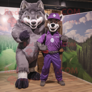 Purple Wolf mascot costume character dressed with a Cargo Pants and Watches