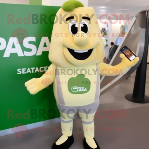 Peach Caesar Salad mascot costume character dressed with a Sweatshirt and Wallets