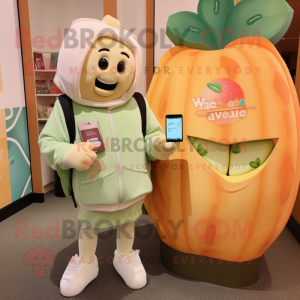 Peach Caesar Salad mascot costume character dressed with a Sweatshirt and Wallets