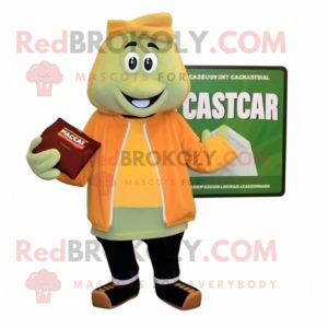 Peach Caesar Salad mascot costume character dressed with a Sweatshirt and Wallets