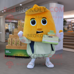 Peach Caesar Salad mascot costume character dressed with a Sweatshirt and Wallets