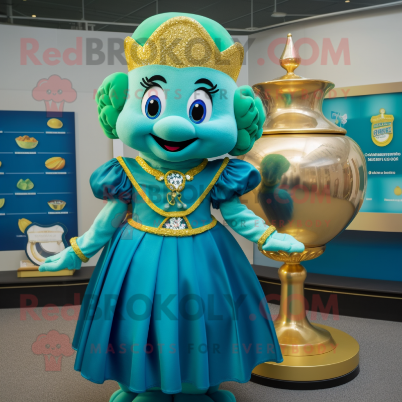 Teal Pot Of Gold mascot costume character dressed with a Ball Gown and Keychains Teal Pot Of Gold mascot costume character dressed with a Ball Gown and Keychains