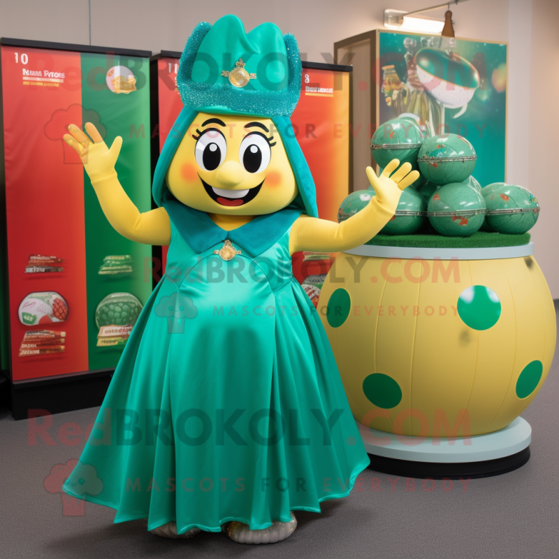 Teal Pot Of Gold mascot costume character dressed with a Ball Gown and Keychains Teal Pot Of Gold mascot costume character dressed with a Ball Gown and Keychains