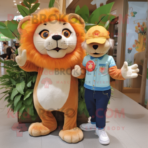 Peach Tamer Lion mascot costume character dressed with a Boyfriend Jeans and Watches