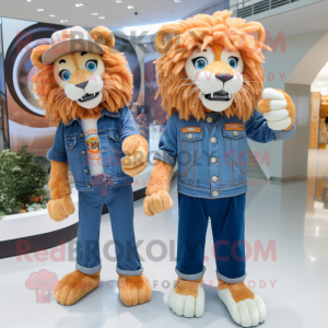 Peach Tamer Lion mascot costume character dressed with a Boyfriend Jeans and Watches