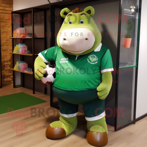 Forest Green Hippopotamus mascot costume character dressed with a Rugby Shirt and Shoe clips