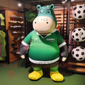 Forest Green Hippopotamus mascot costume character dressed with a Rugby Shirt and Shoe clips