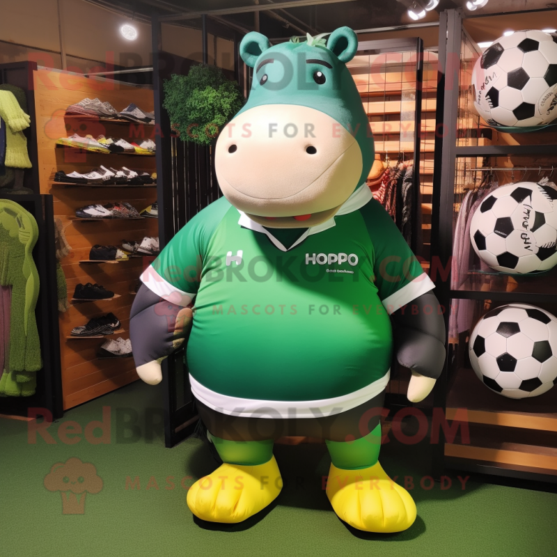 Forest Green Hippopotamus mascot costume character dressed with a Rugby Shirt and Shoe clips