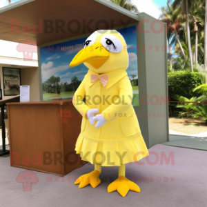 Lemon Yellow Albatross mascot costume character dressed with a Pencil Skirt and Tie pins