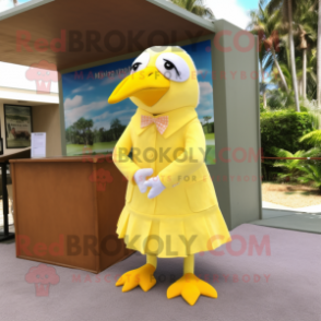 Lemon Yellow Albatross mascot costume character dressed with a Pencil Skirt and Tie pins