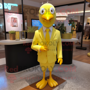 Lemon Yellow Albatross mascot costume character dressed with a Pencil Skirt and Tie pins